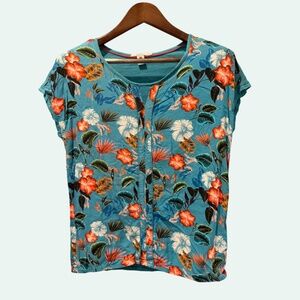 Cecil Tropical Print Cotton Top Floral Turquoise Coral Summer Size S